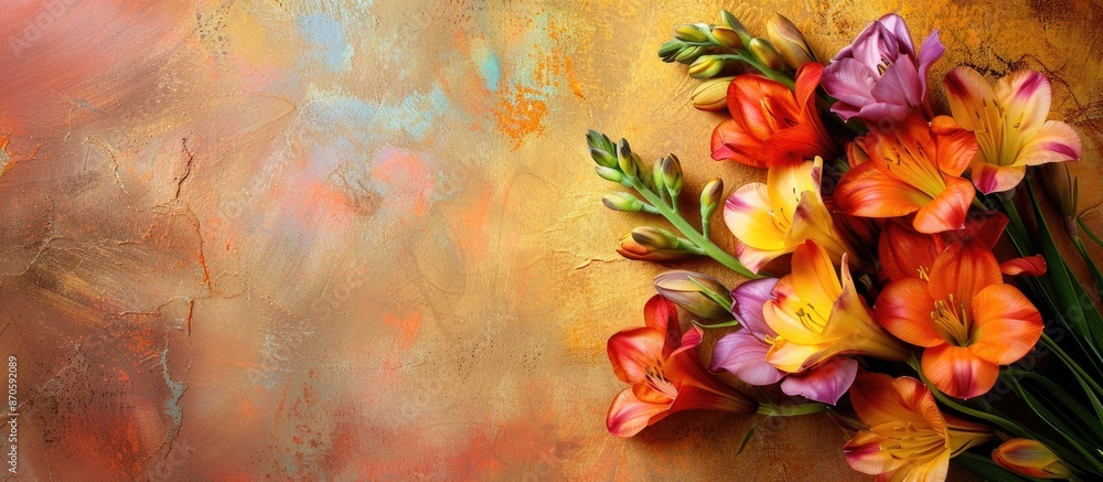 Poster Colorful freesia bouquet displayed on a background with copy space image.