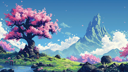 Traveler resting under a blooming cherry tree in a pixel art mountain landscape