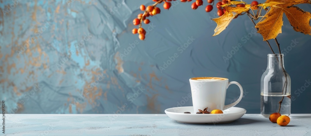 Poster Autumnal decor as a backdrop for espresso in a composition with copy space image.