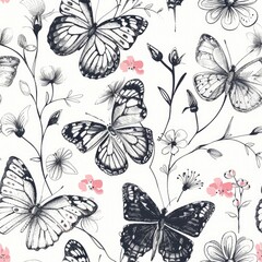 Fototapeta premium A seamless pattern of black and white butterflies with pink flowers on a white background. 