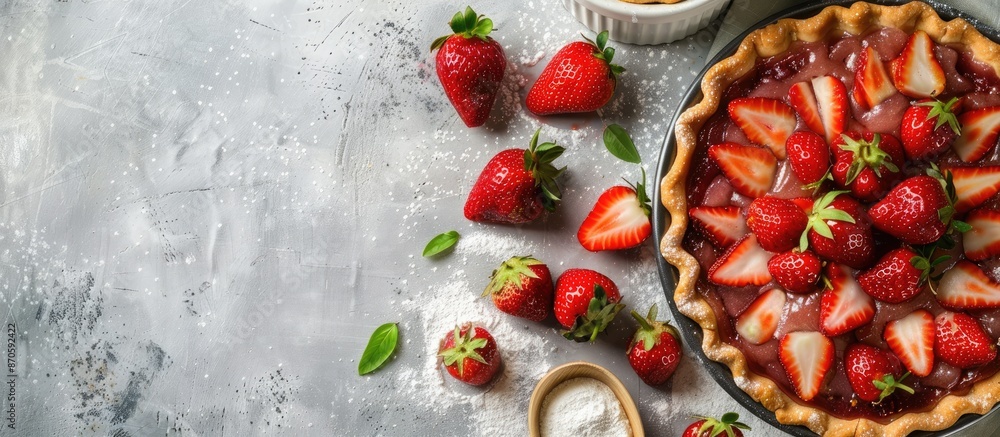 Poster an overhead view of the american-style strawberry pie being prepared on a concrete background, with 