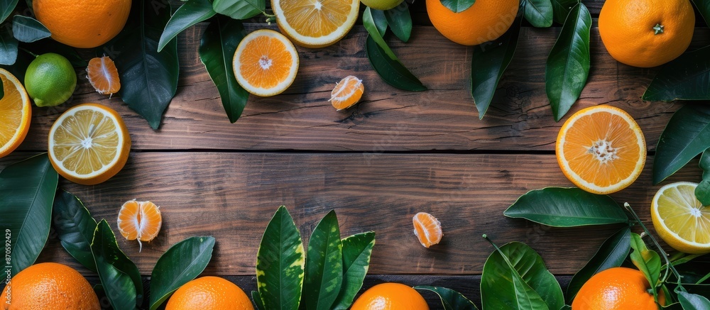 Poster citrus fruits with lush green leaves on wood background for copy space image.