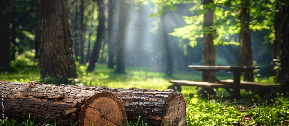 Leinwandbilder close-up of wooden logs with one in the grass, accompanied by a wooden table and bench in a forest s