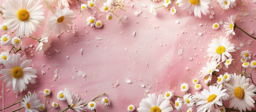 Poster chamomile flowers in a circular frame on a pink backdrop with white daisies and yellow centers, idea