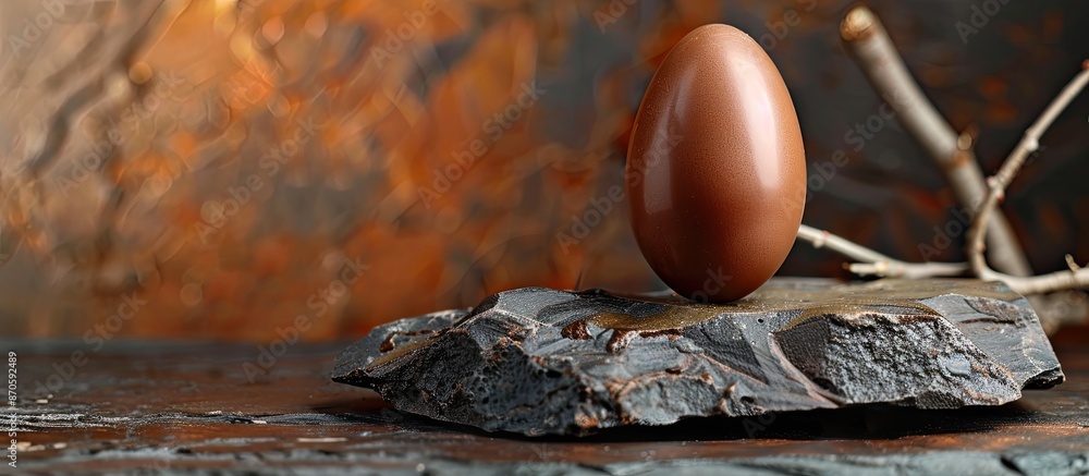 Poster Chocolate Easter egg displayed on a dark rock with a wooden backdrop, creating an ideal setting for a copy space image.
