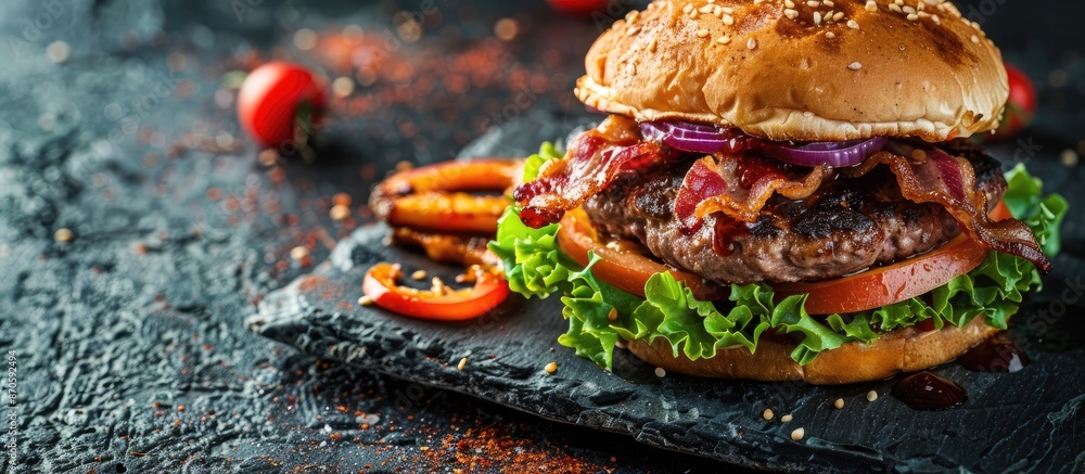 Poster delicious double bacon burger on a slate plate with copy space image.
