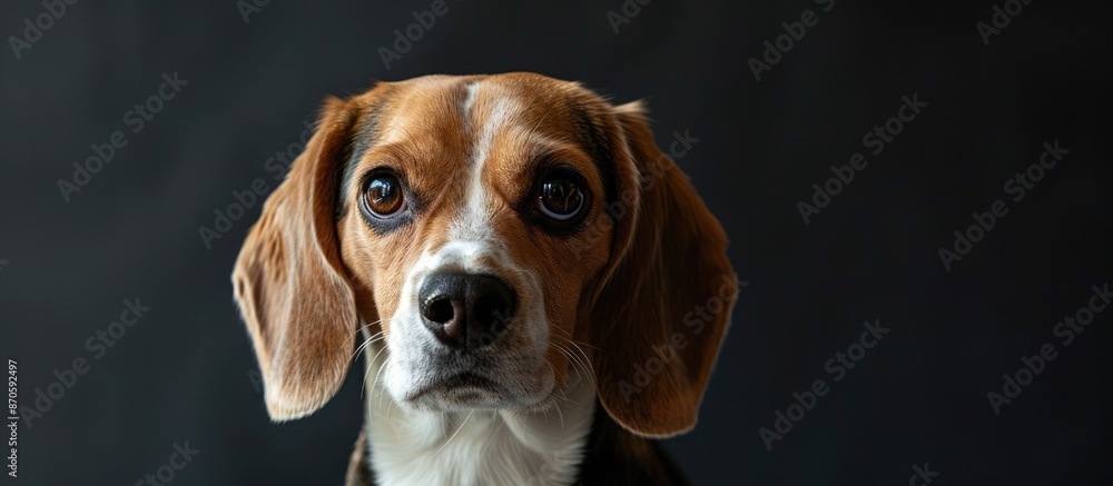 Poster Beagle dog with expressive gaze in a studio setup against a black backdrop, ideal for a headshot portrait with a chic presentation for a copy space image.