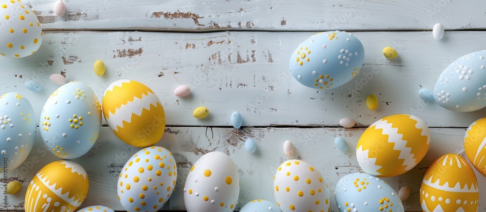 Poster easter eggs arranged on a light wooden backdrop with copy space image.