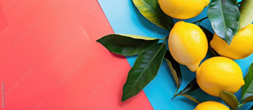 Aufkleber flat lay of vibrant fresh lemons arranged on a colorful backdrop with copy space image.