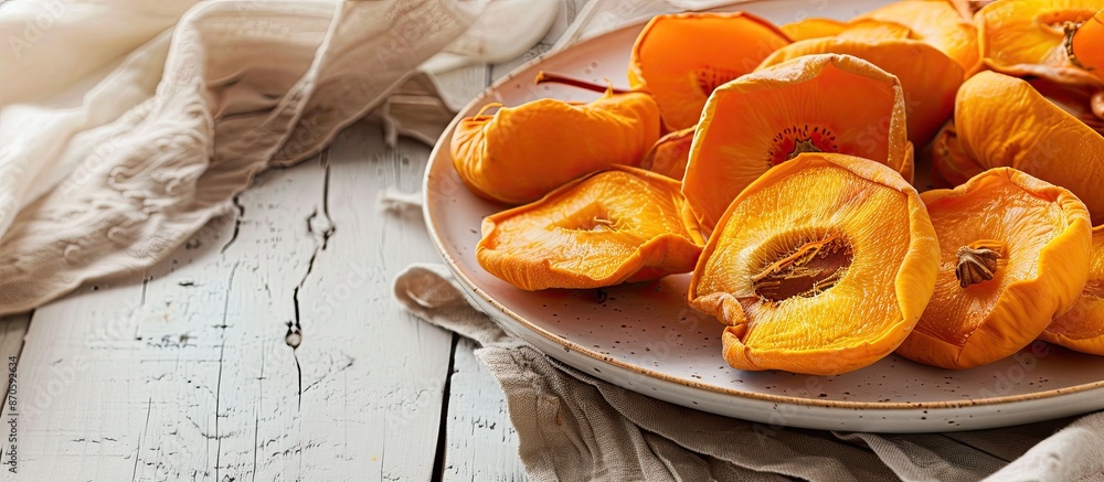 Poster Close-up of a plate displaying delicious dried persimmons on a white wooden table with room for text on the side. image with copy space
