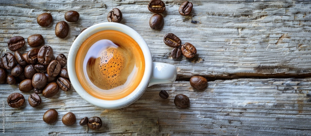 Poster espresso cup on rustic table with coffee beans and copy space image, as well as an espresso cup on a