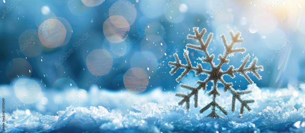 Poster Blue snowy background with a Christmas snowflake, creating a picturesque scene with copy space image.