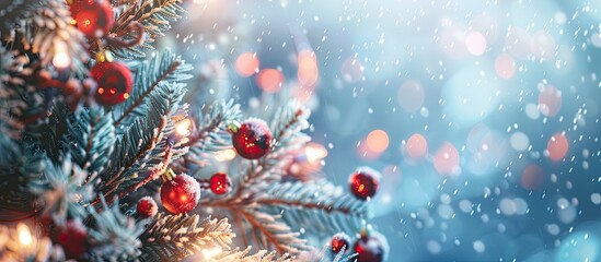 Festive Christmas banner with a winter-themed widescreen background featuring a decorated Christmas tree against a backdrop perfect for a copy space image.