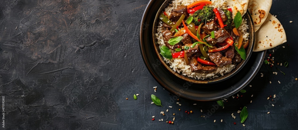 Poster asian beef stir-fry with sweet peppers, rice, and naan bread showcased in a top-view setting on a da