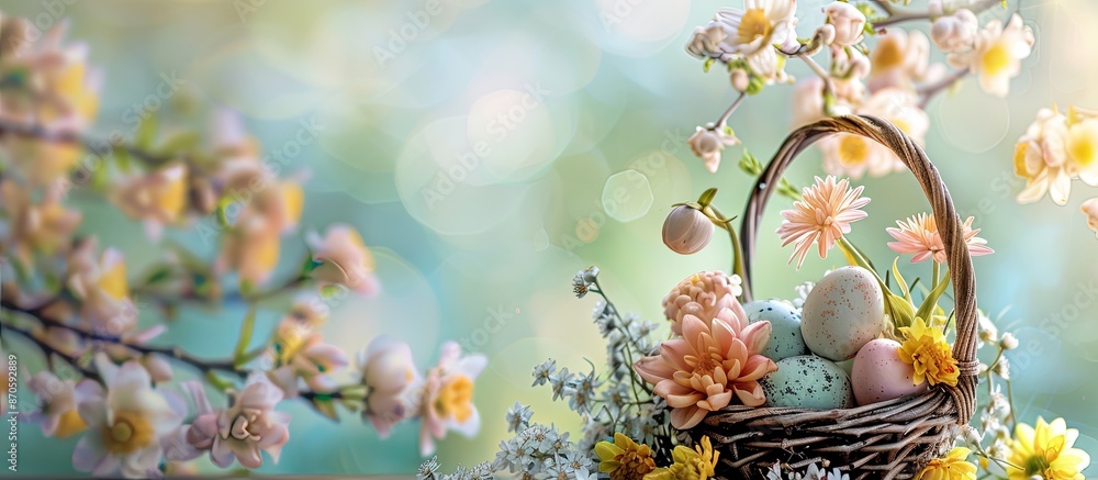 Poster easter celebration with a basket of eggs and blooming spring flowers within a copy space image.