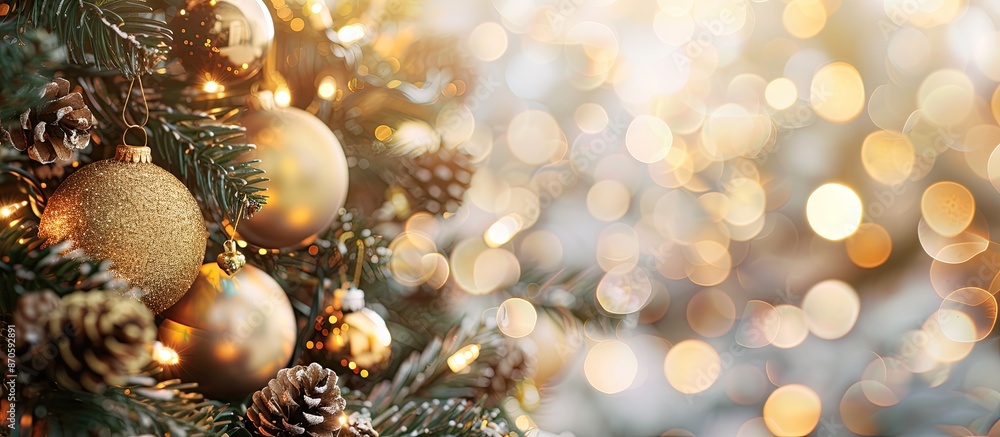 Poster festive background with christmas decorations on a tree, featuring golden balls. ideal for new year 