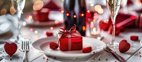 Close-up view of a Valentine's Day dinner setup with a table setting featuring a red gift, champagne glass, bottle, heart ornaments, silverware on a white background, and a Valentine's card. Includes