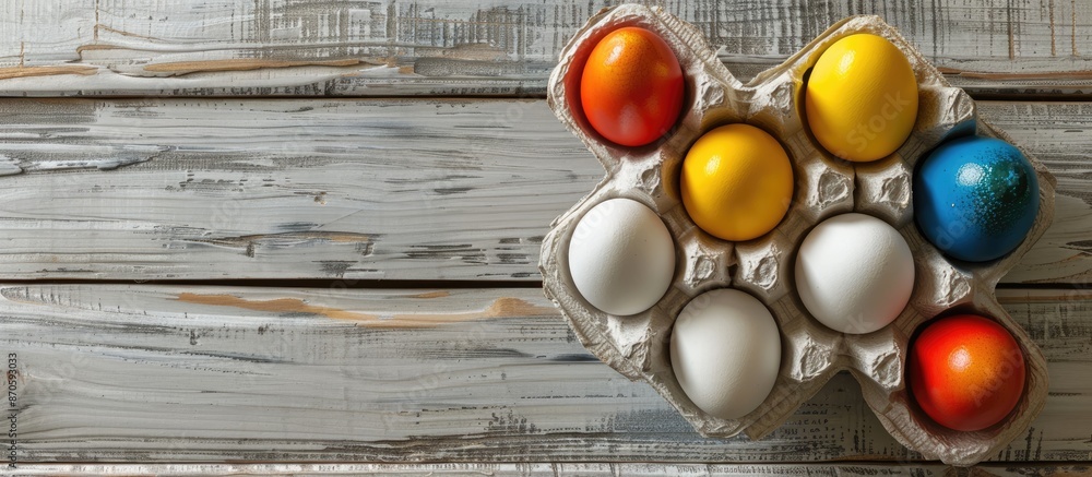 Poster Easter eggs displayed in a carton on a light wooden surface with room for text. Copy space image.