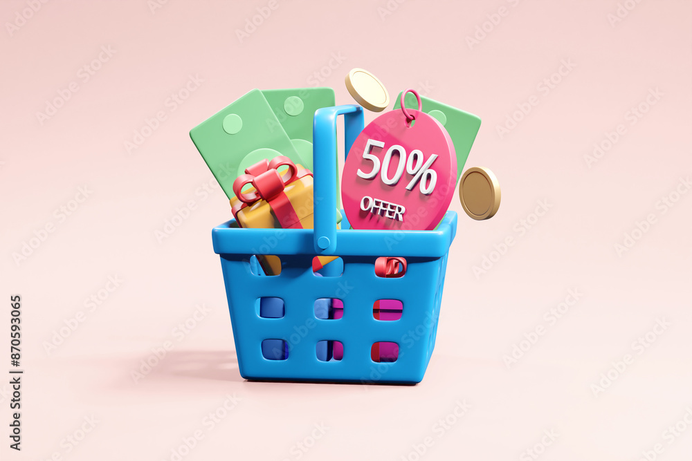 Poster a captivating 3d render showcasing the thrill of online shopping with floating elements of a 50% dis