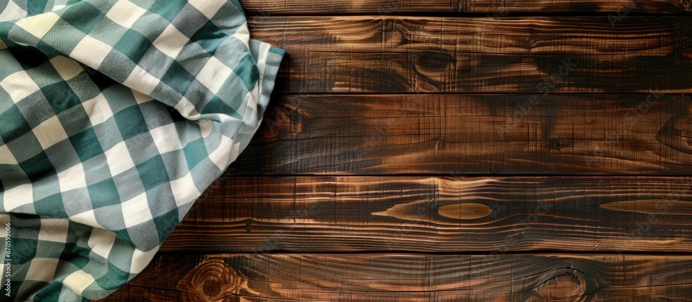 Poster an aerial view of a wooden table topped with a checkered tablecloth serves as a kitchen background, 