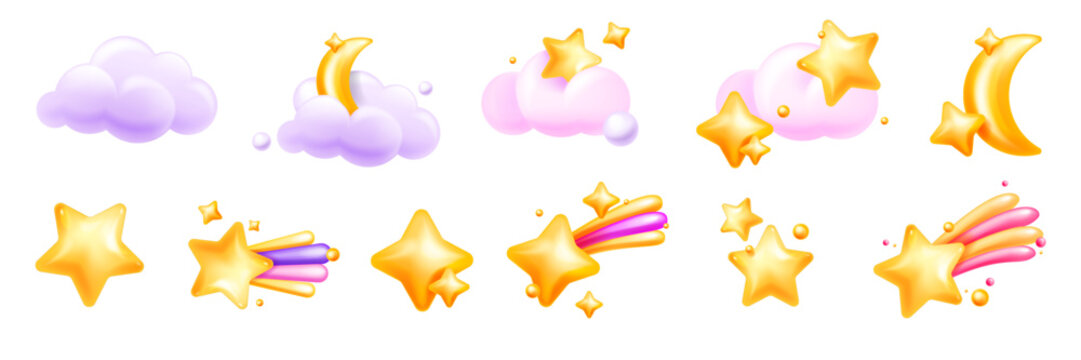 3D star sky icon set, vector cartoon clouds, falling sparkling shapes, yellow plastic moon sticker. Cute night space objects, kids bedroom magic decoration design lunar clipart. 3D star collection