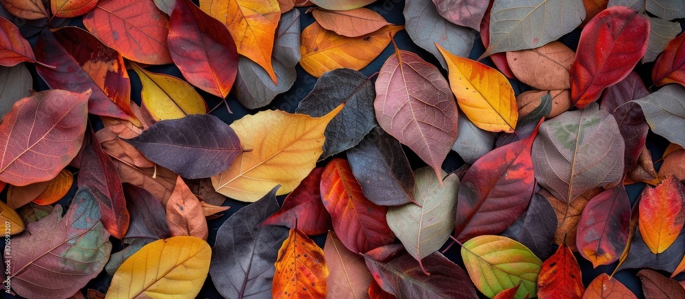 Aufkleber Autumn concept displayed with a variety of colorful, dry jackfruit tree leaves in a top view flat lay shot, depicting a changed environment with copy space image.