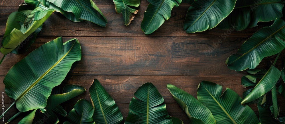 Aufkleber Copy space image with banana leaves as a frame on a wooden background for adding text.