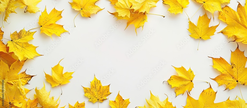 Poster Autumn-themed with numerous yellow maple leaves on a white backdrop offering space for text; it's an ideal background for autumn projects or themes. image with copy space