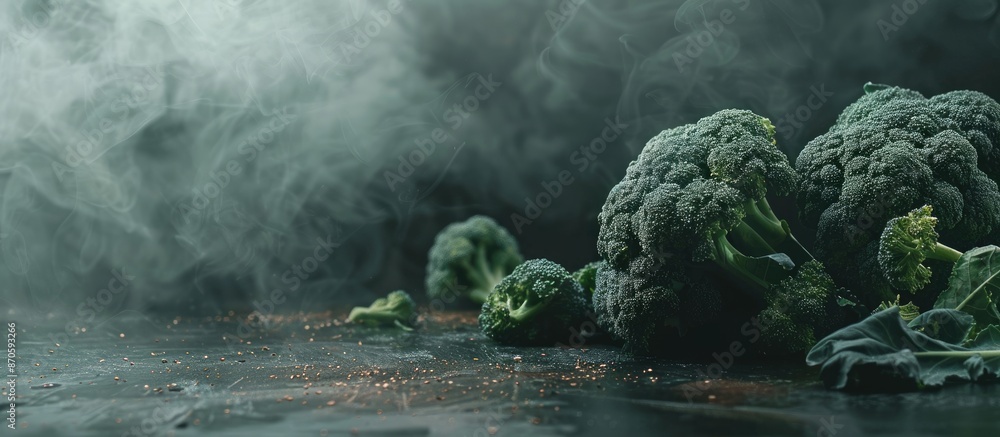 Aufkleber broccoli displayed whole and in florets against a dark backdrop, with copy space image.