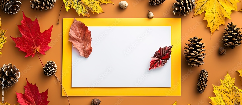 Poster fall-themed mockup featuring autumnal leaves in yellow and red, pine cones, and a white paper sheet 