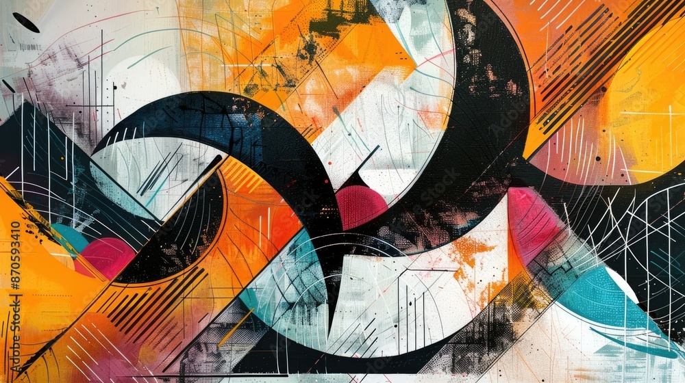 Poster artwork with dynamic shapes, geometric patterns, monochrome design, abstract and futuristic elements