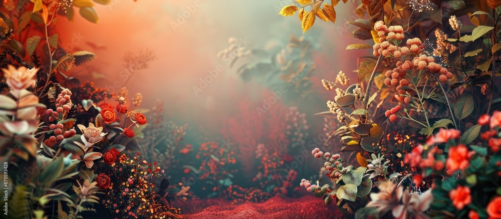 Poster Floral arrangement and forest elements adorn colored backdrop in a composition with copy space image.