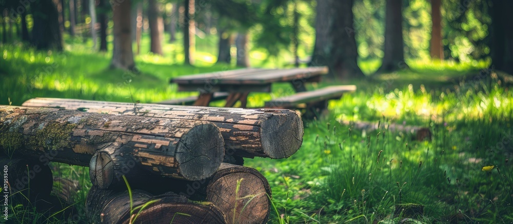 Aufkleber Close-up of wooden logs with one in the grass, accompanied by a wooden table and bench in a forest setting, with wood featured as background and texture in the copy space image.