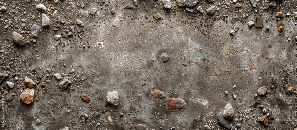 Aufkleber An aged, gritty gray concrete surface adorned with various small colored pebbles and soil, creating an abstract textured brown backdrop with ample copy space image.
