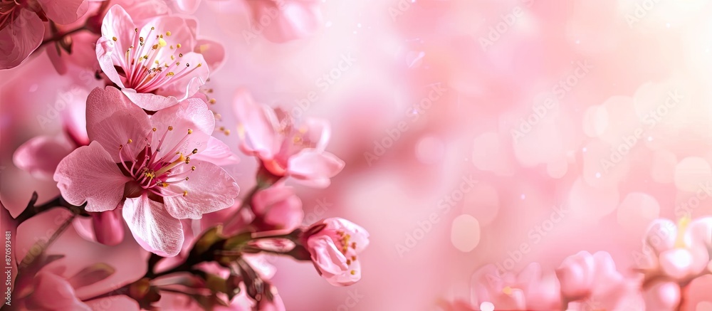 Poster Beautiful delicate pink cherry blossoms in spring with a pink background and space for a greeting message on a notepad; represents spring and Mother's Day. image with copy space