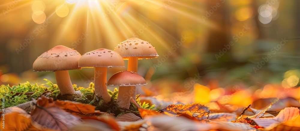 Poster during autumn, a few mushrooms grow in a forest clearing with ample copy space image.