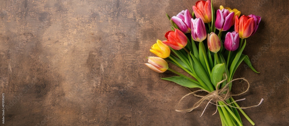Poster colorful tulip flower bouquet displayed on a rustic brown surface outdoors with copy space image.