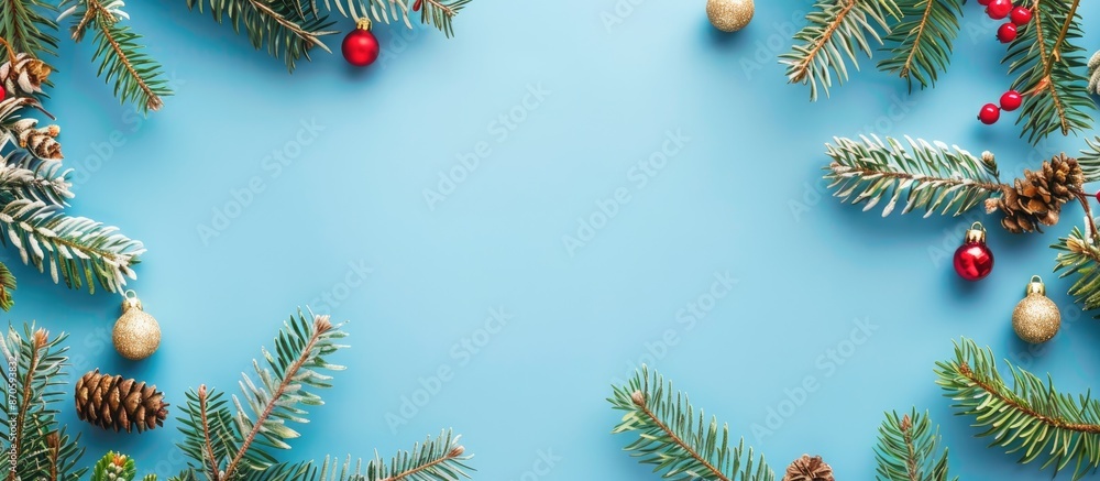 Poster christmas decoration on a blue background with a view from above, featuring copy space for text or d
