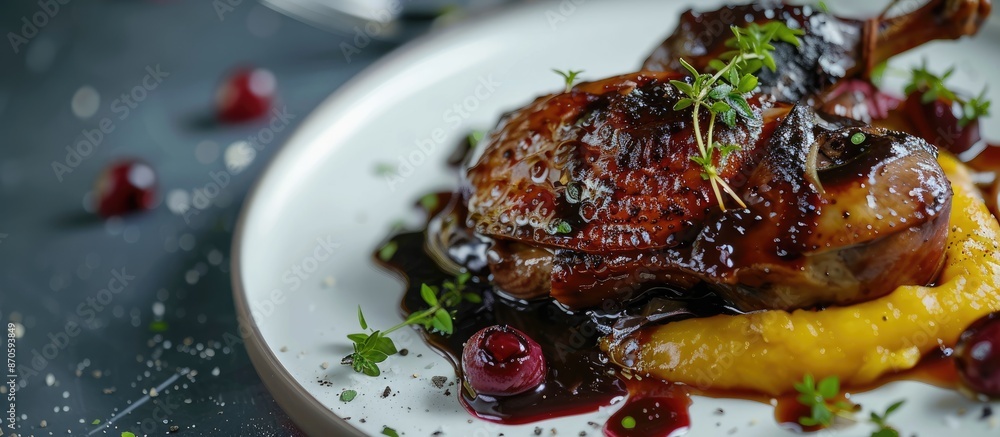 Poster Close-up view with selective focus of duck confit in dark cherry glaze accompanied by a quince puree infused with herbs, against a plain background for a copy space image.