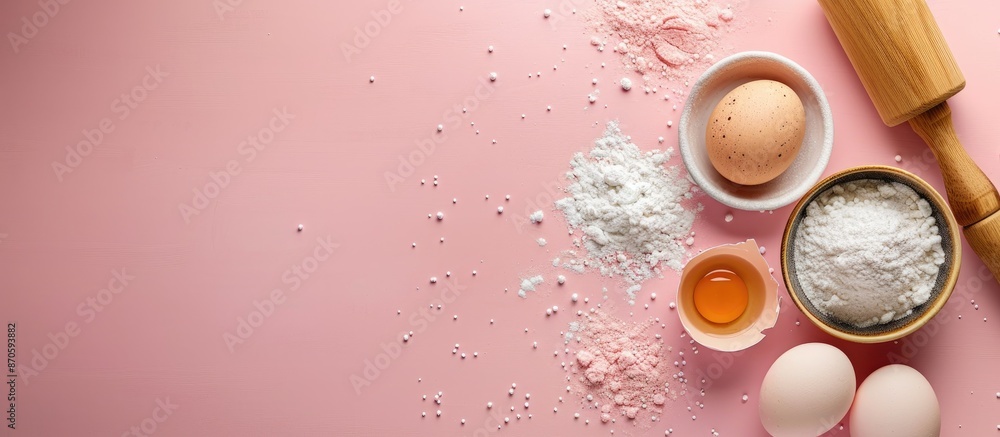 Aufkleber Baking ingredients like eggs and sugar placed with a rolling pin on a pink background create a sweet dessert theme in a banner with copy space image.