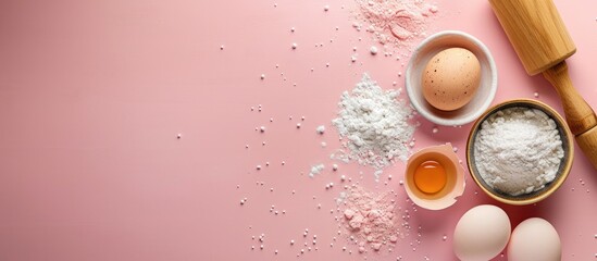 Baking ingredients like eggs and sugar placed with a rolling pin on a pink background create a sweet dessert theme in a banner with copy space image.