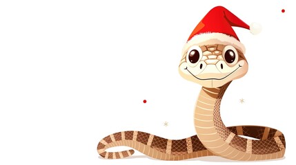 Fototapeta premium Illustration of a cute cartoon snake wearing a Christmas hat on a white background with copy space. New Year card with 2025 year symbol