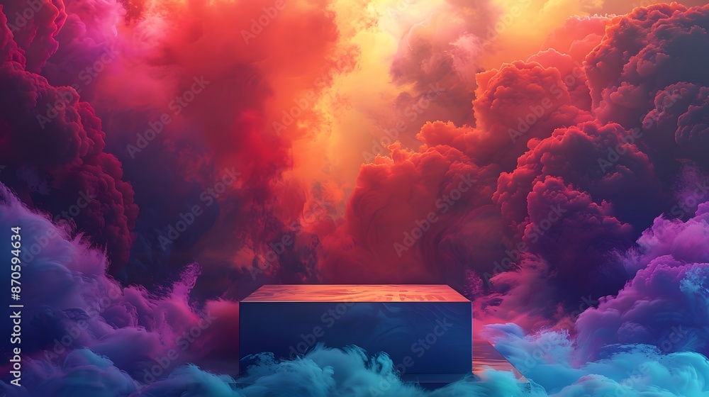 Poster abstract colorful cloudscape with platform.