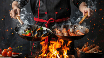 A chef in black and red attire, holding two wok pans with fire on the bottom, floating fresh fish, shrimp, mussels, vegetables, and meat above them