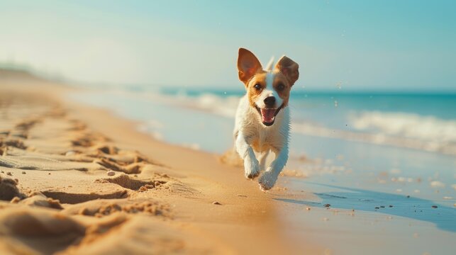 A joyful dog runs along the sandy beach near the ocean, capturing the essence of freedom and happiness.
