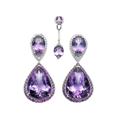 Pair of sparkling amethyst and diamond earrings showcased on a clear backdrop