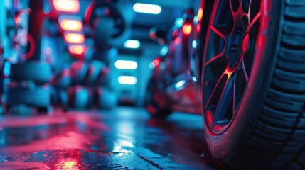 Obraz premium Close-up of a car tire in a neon-lit garage, creating a futuristic and vibrant automotive environment.