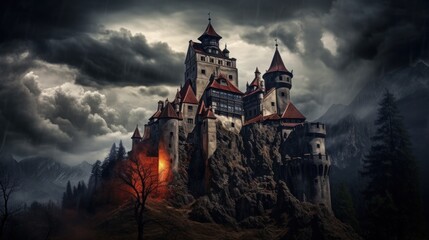 A formidable Bran Castle, also known as Dracula's Castle, its spires reaching towards the stormy heavens.