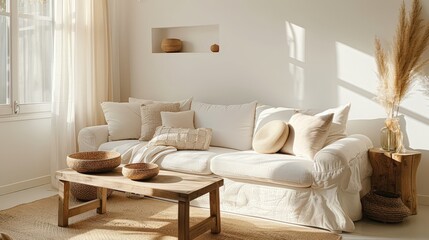 A bright and cozy living room featuring neutral decor, a comfortable white sofa, wooden furniture, and natural elements bathed in sunlight.