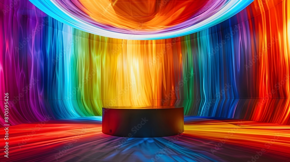 Poster colorful abstract background with circular light and platform.